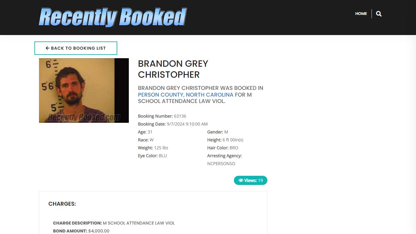 Recent Booking / Mugshot for BRANDON GREY CHRISTOPHER in Person County ...